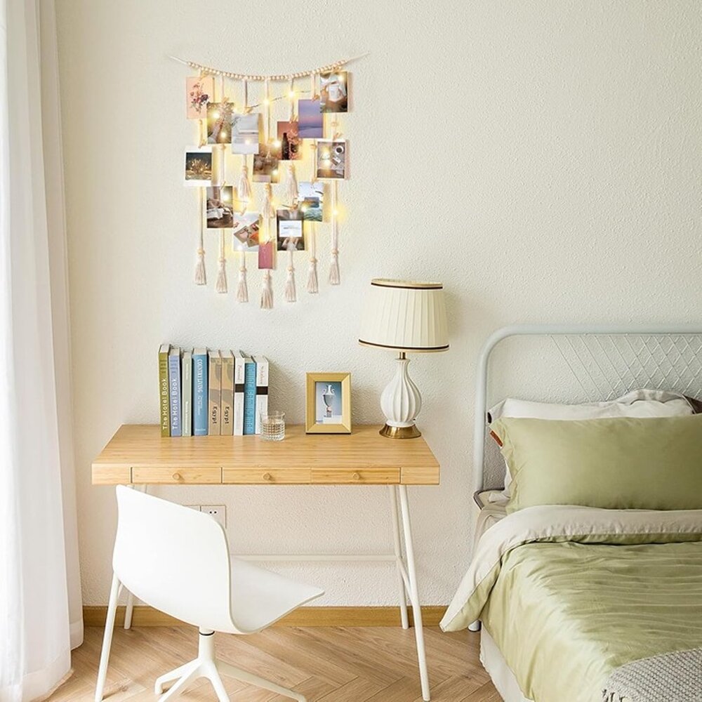 NEW Macrame Hanging Photo Display Wall Decor with String Lights - Picture 1 of 8